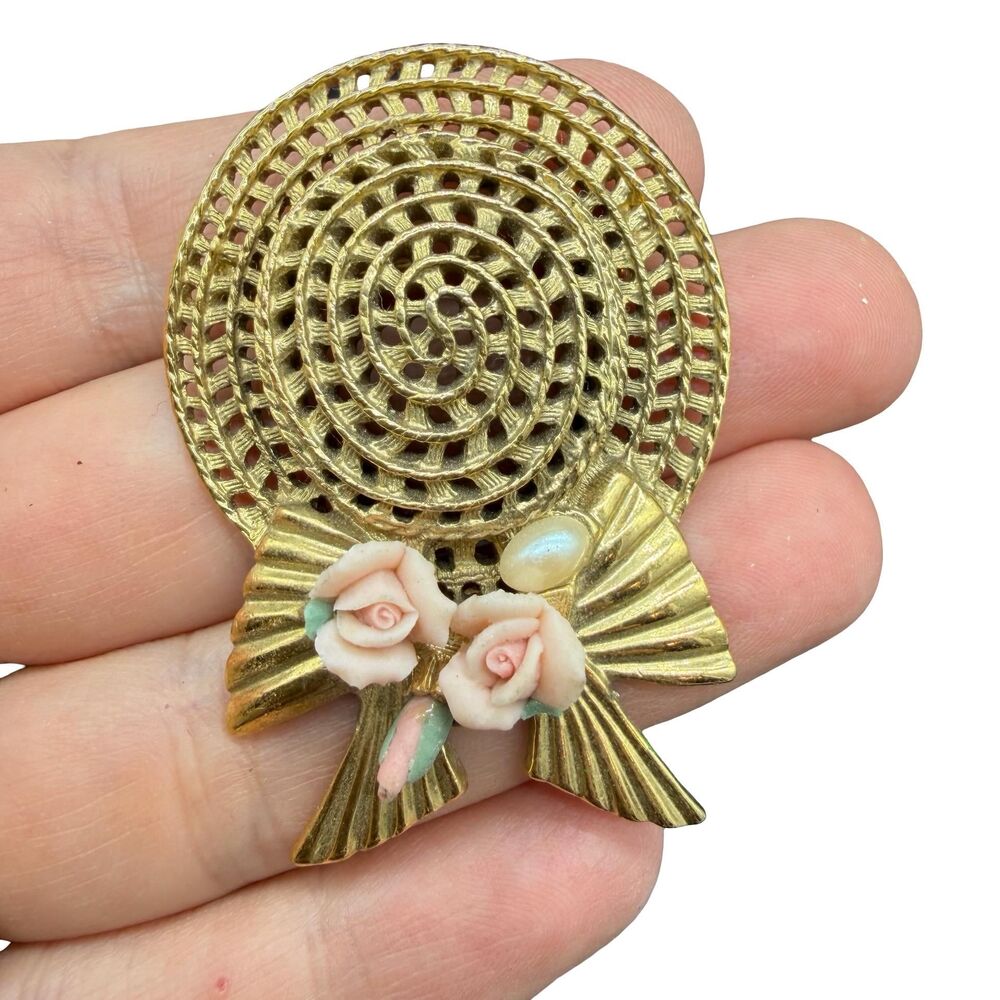 Vintage 1928 Co. Victorian Gold Hat Brooch with Delicate Porcelain Rose Flowers